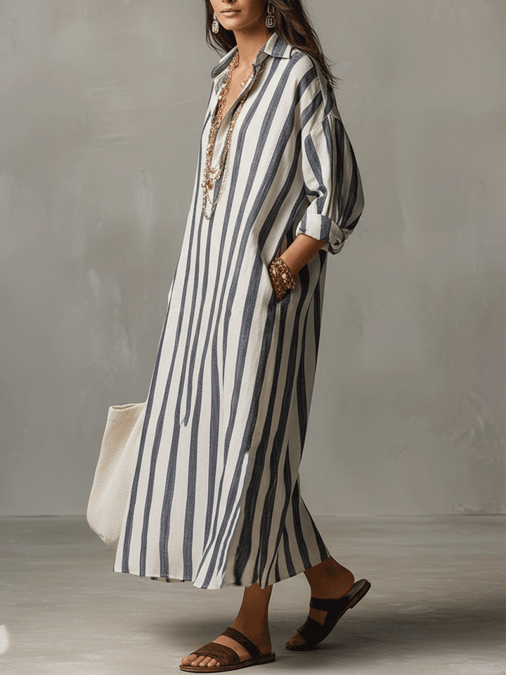 Linen Maxi Shirt Dress - Stripe Summer Holiday Dress
