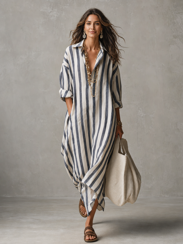 Linen Maxi Shirt Dress - Stripe Summer Holiday Dress