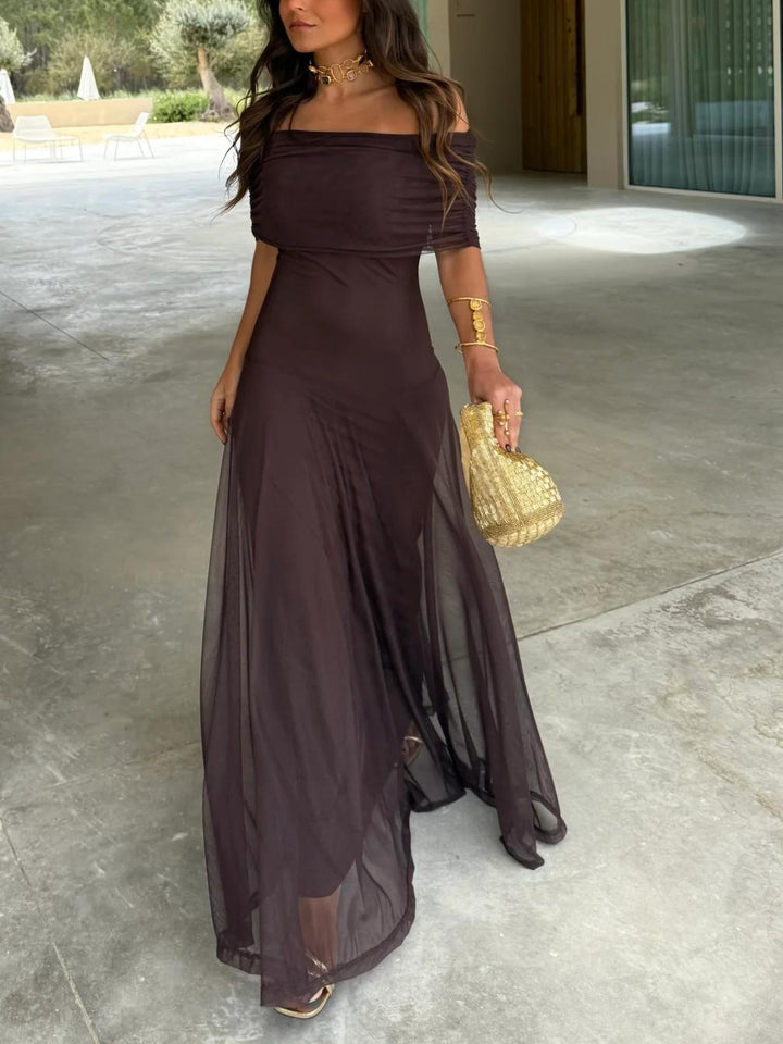 Chiffon Maxi Dress - Off Shoulder Wedding Guest Occasion Gown