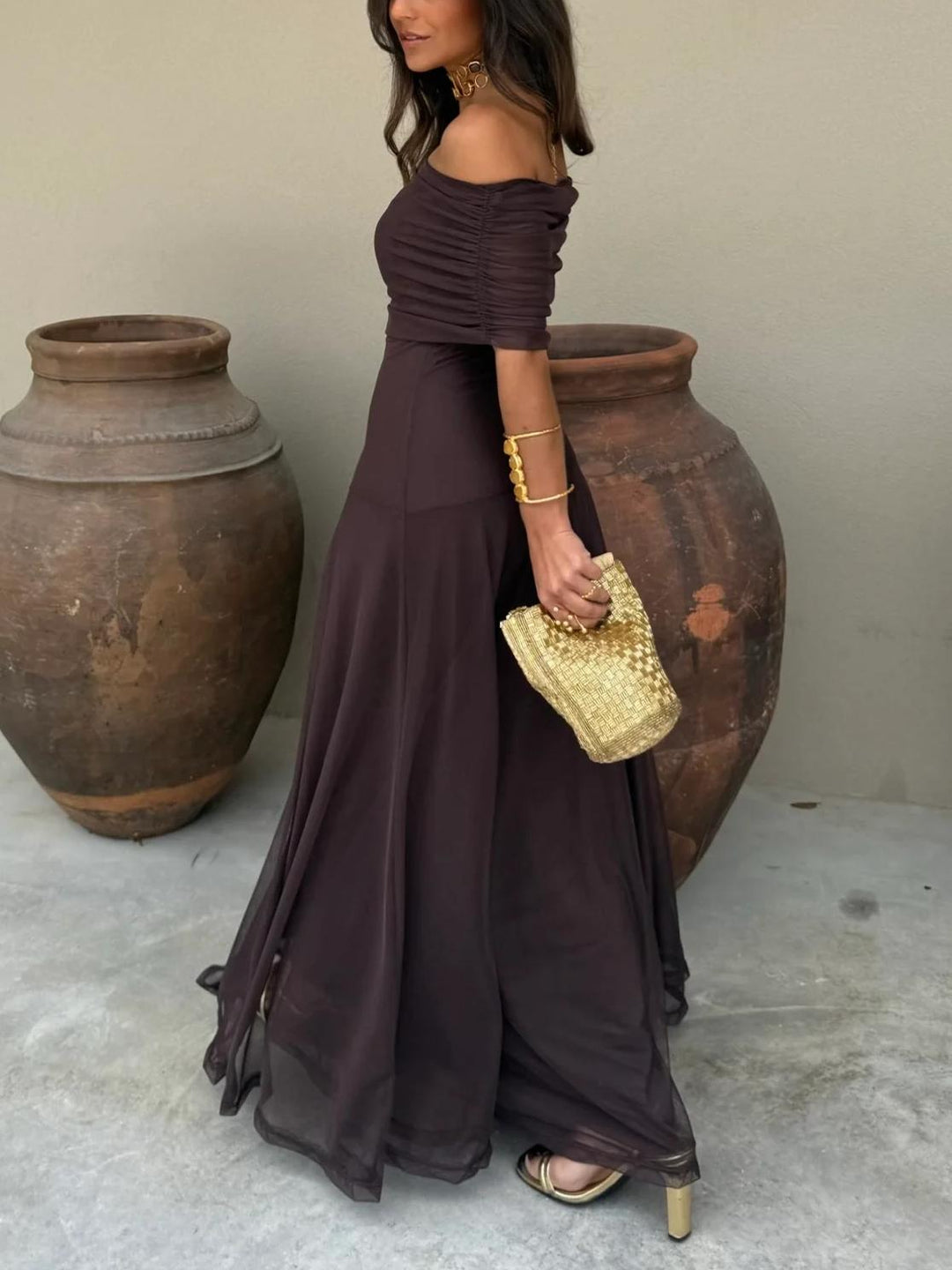 Chiffon Maxi Dress - Off Shoulder Wedding Guest Occasion Gown