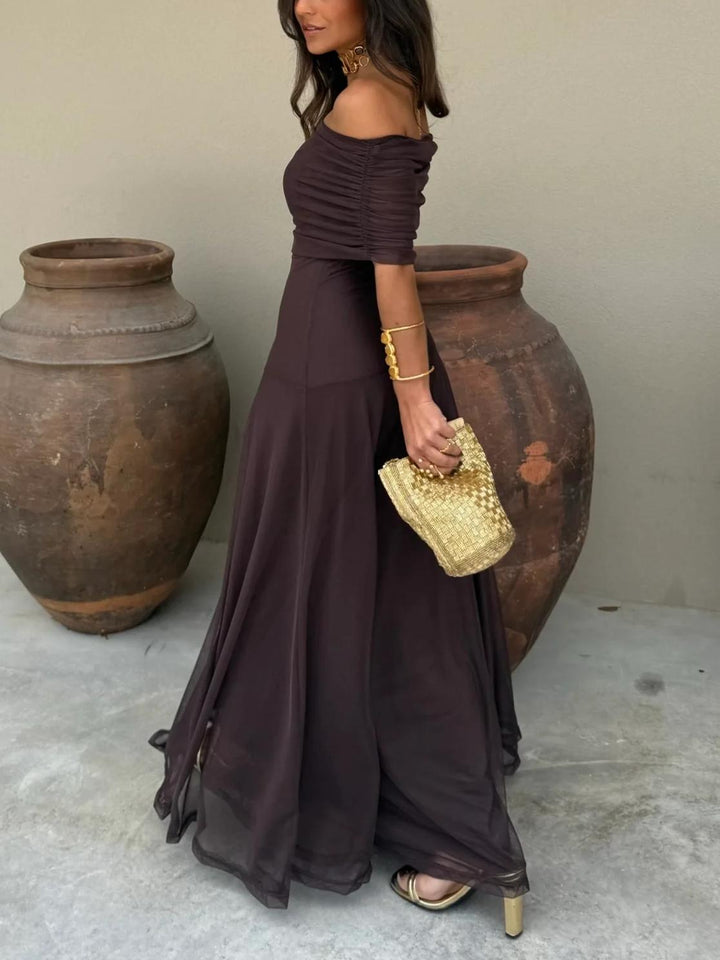 Chiffon Maxi Dress - Off Shoulder Wedding Guest Occasion Gown