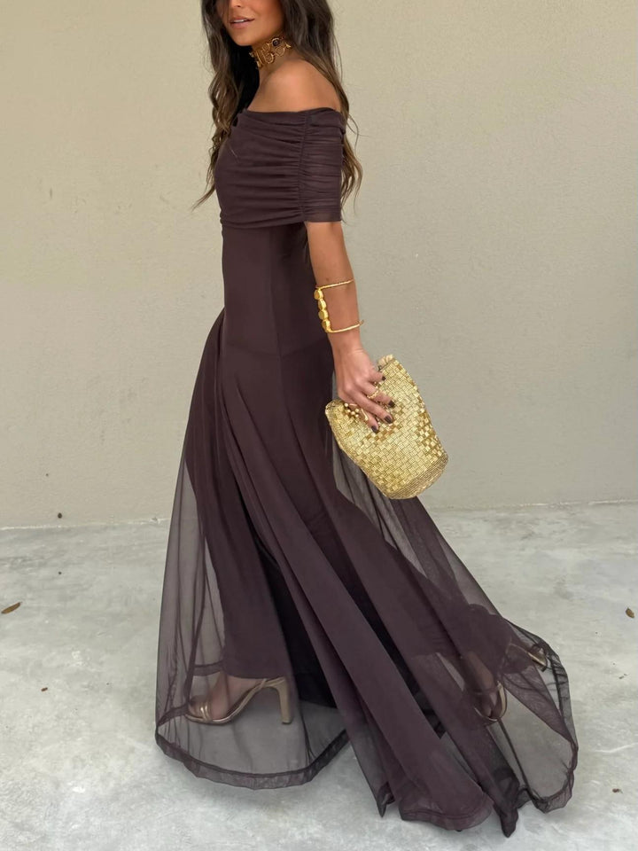 Chiffon Maxi Dress - Off Shoulder Wedding Guest Occasion Gown