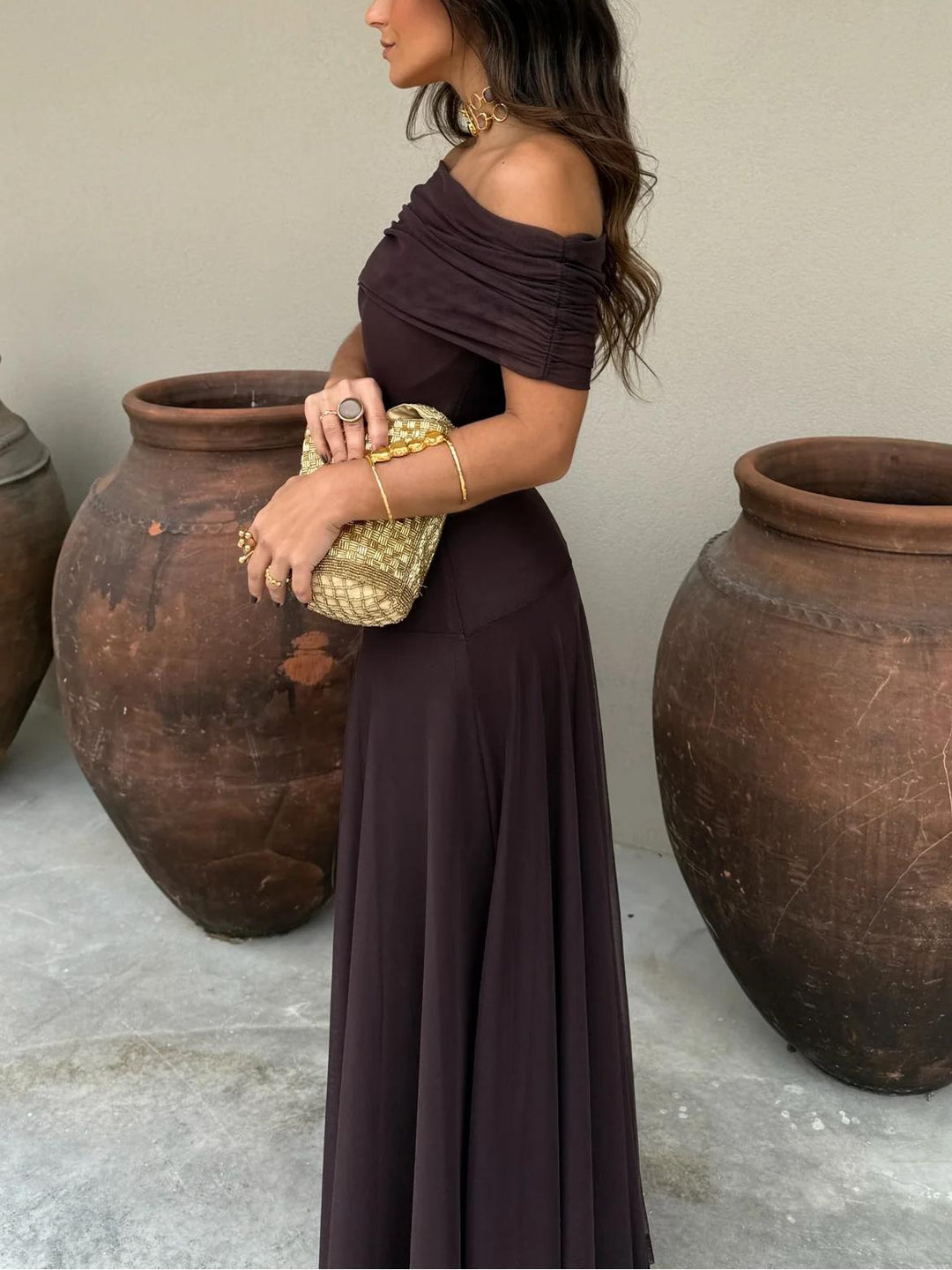 Chiffon Maxi Dress - Off Shoulder Wedding Guest Occasion Gown