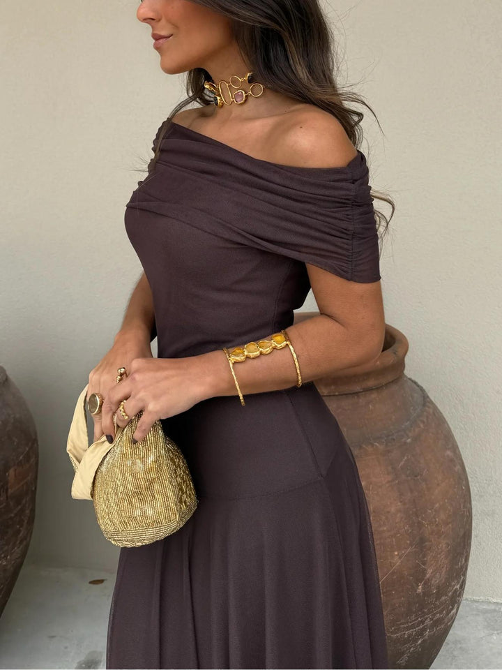 Chiffon Maxi Dress - Off Shoulder Wedding Guest Occasion Gown