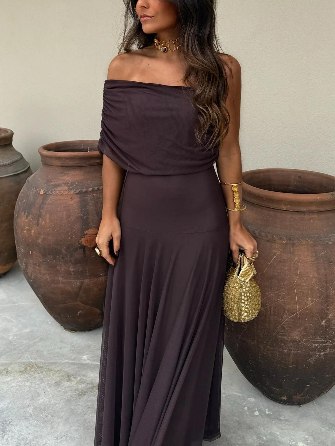 Chiffon Maxi Dress - Off Shoulder Wedding Guest Occasion Gown