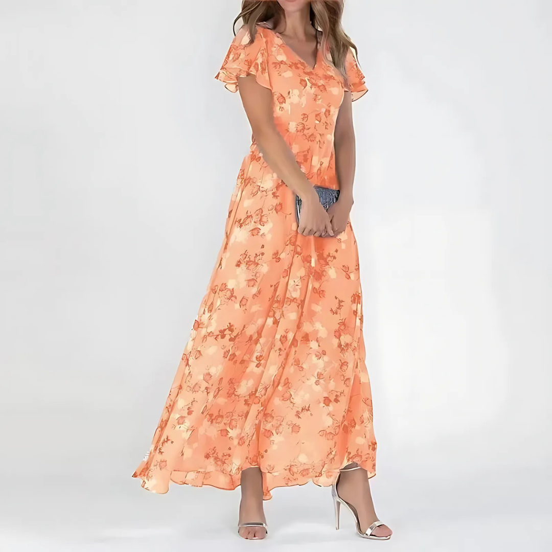 Floral Chiffon Maxi Dress Wedding Guest - Flutter Sleeve