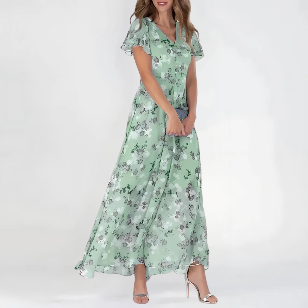 Floral Chiffon Maxi Dress Wedding Guest - Flutter Sleeve