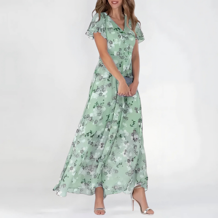 Floral Chiffon Maxi Dress Wedding Guest - Flutter Sleeve