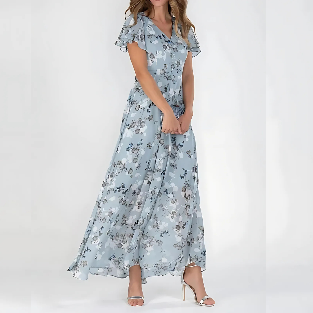 Floral Chiffon Maxi Dress Wedding Guest - Flutter Sleeve