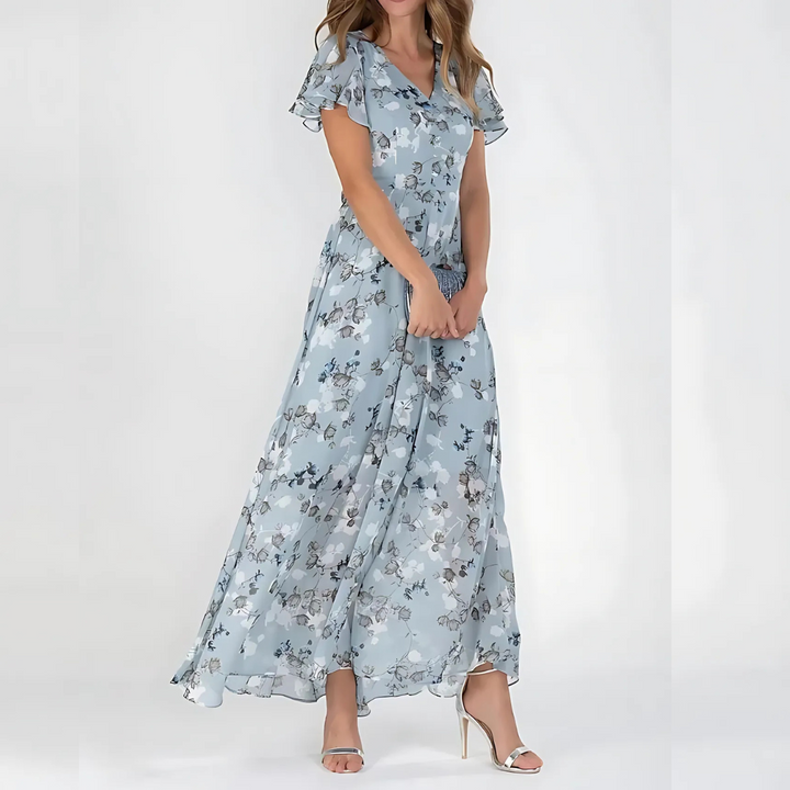 Floral Chiffon Maxi Dress Wedding Guest - Flutter Sleeve