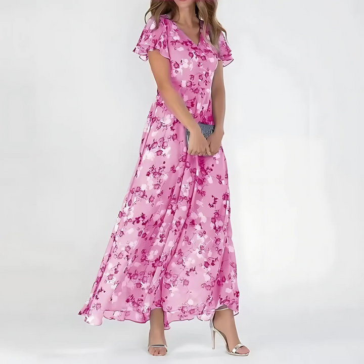 Floral Chiffon Maxi Dress Wedding Guest - Flutter Sleeve