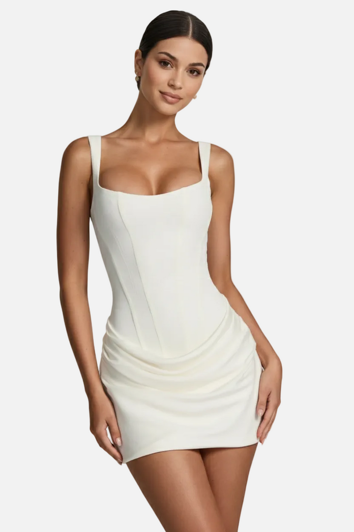 Corset Mini Dress Square Neck - Ruched Draped Skirt