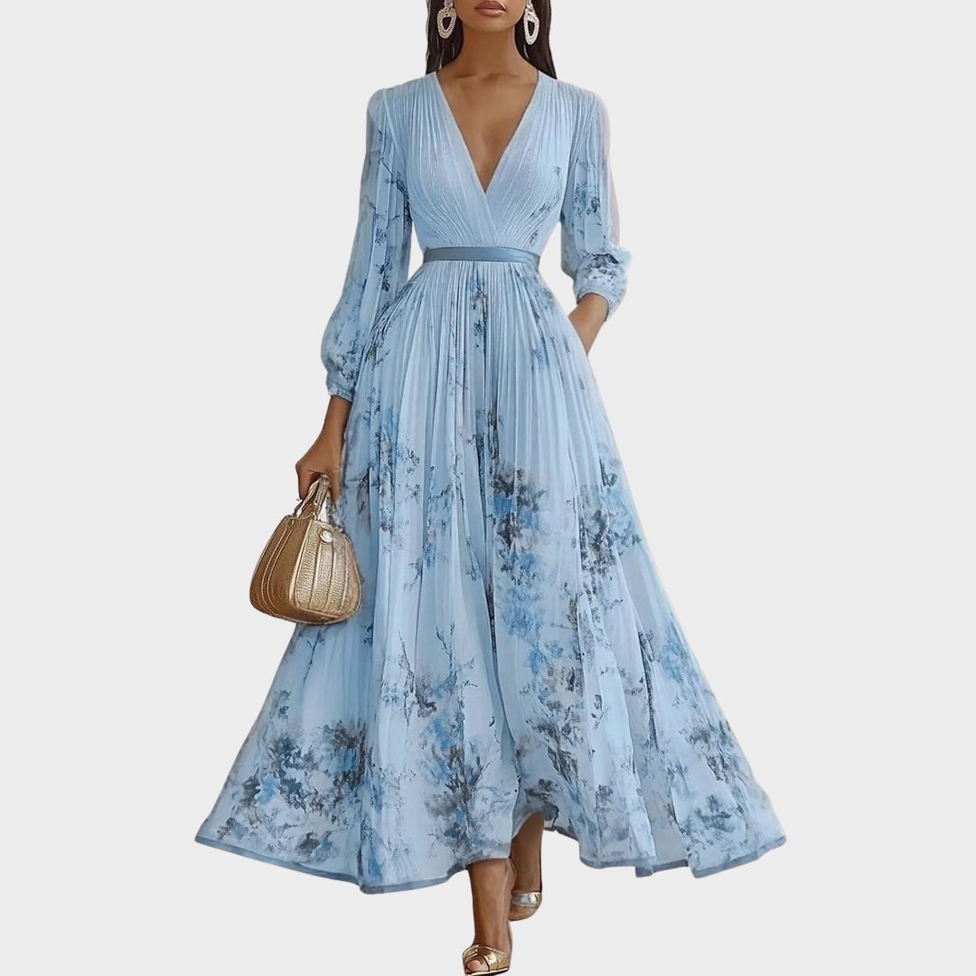 Chiffon Deep V Pleated Maxi Dress - Floral Wedding Guest Belt
