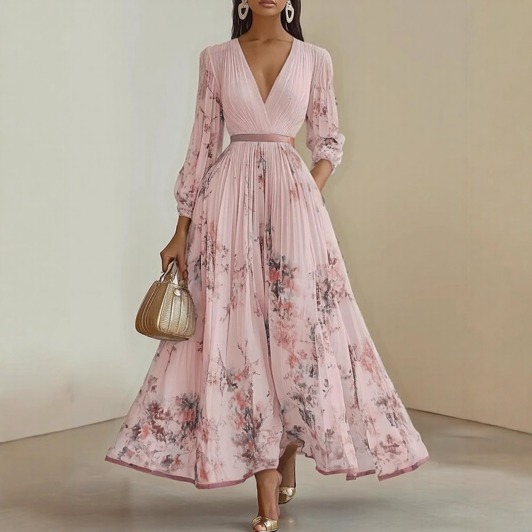 Chiffon Deep V Pleated Maxi Dress - Floral Wedding Guest Belt