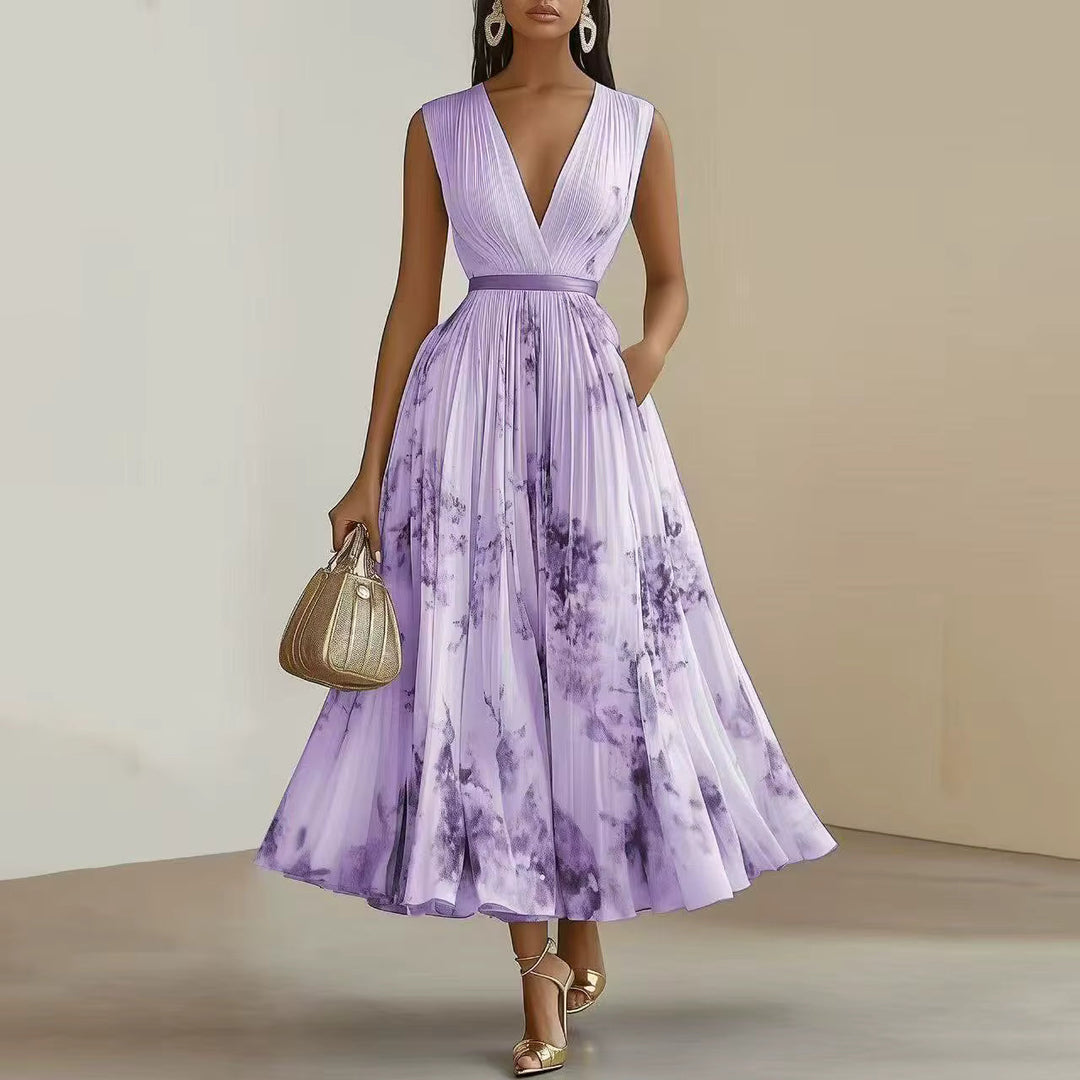 Chiffon Deep V Pleated Maxi Dress - Floral Wedding Guest Belt