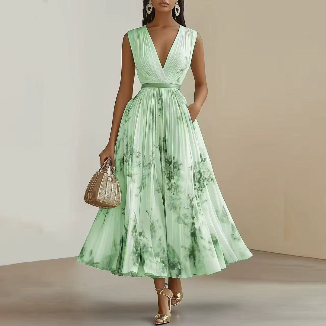 Chiffon Deep V Pleated Maxi Dress - Floral Wedding Guest Belt