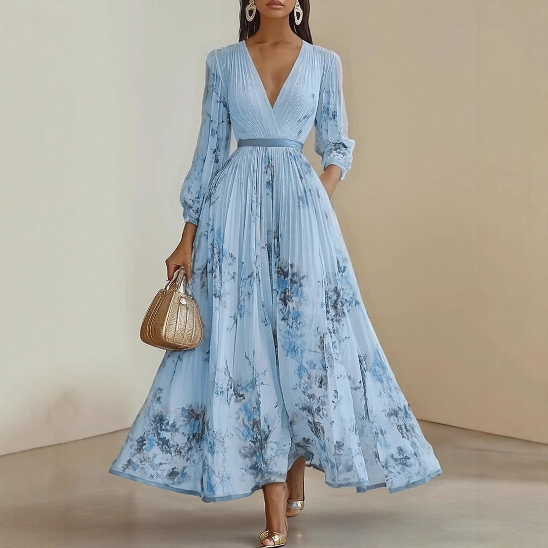 Chiffon Deep V Pleated Maxi Dress - Floral Wedding Guest Belt