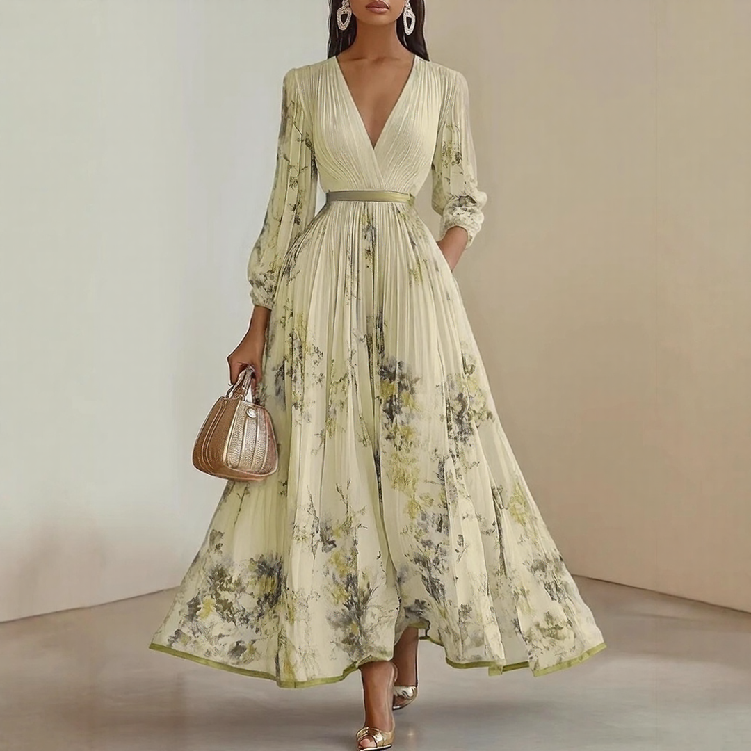 Chiffon Deep V Pleated Maxi Dress - Floral Wedding Guest Belt