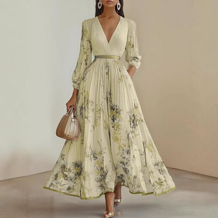 Chiffon Deep V Pleated Maxi Dress - Floral Wedding Guest Belt