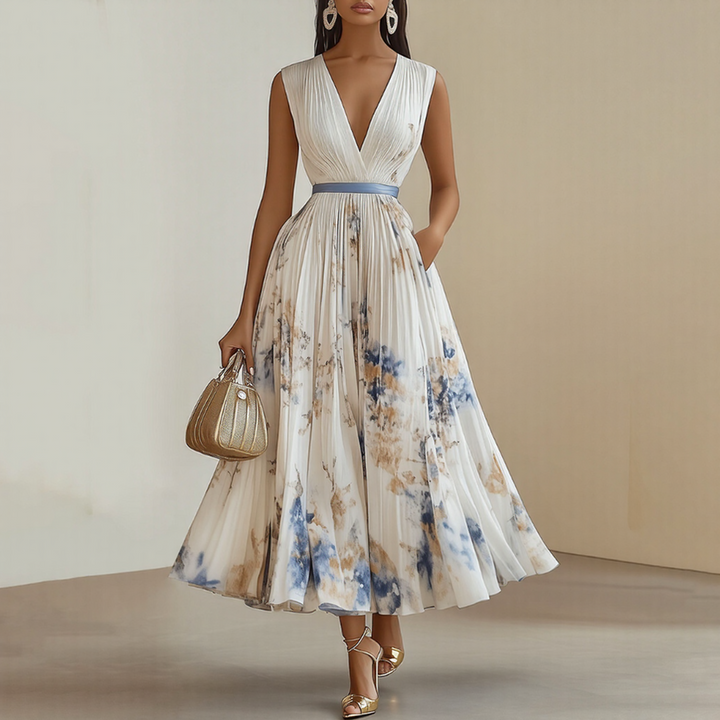 Chiffon Deep V Pleated Maxi Dress - Floral Wedding Guest Belt