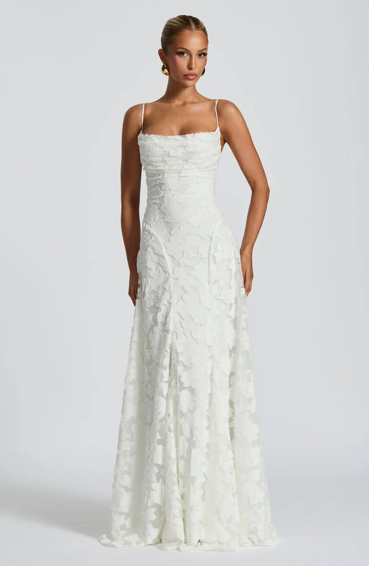 Lace Maxi Dress Wedding Guest - Ruched Bodice Spaghetti Strap