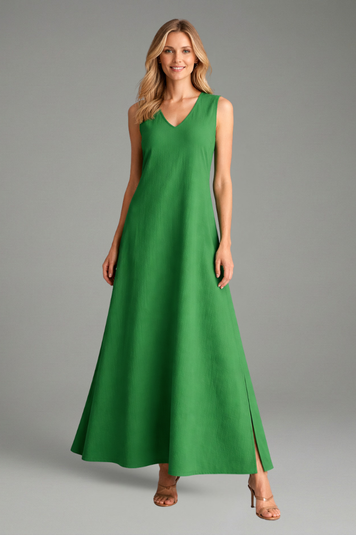 Linen Maxi Dress Wedding Guest - Sleeveless V-Neck Side Slit