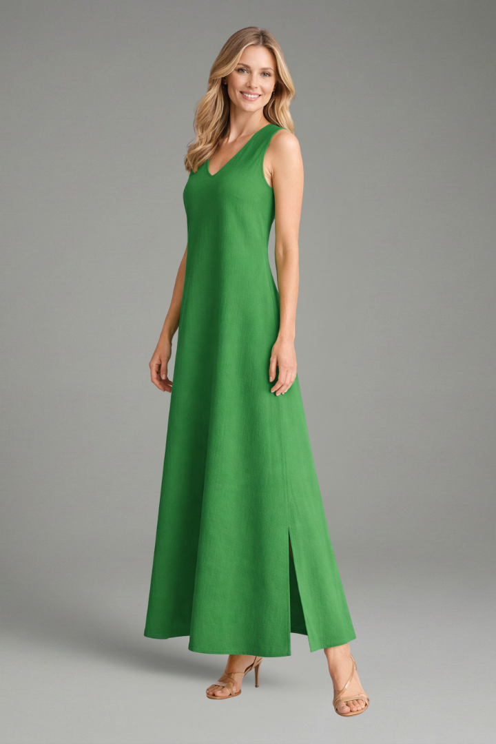 Linen Maxi Dress Wedding Guest - Sleeveless V-Neck Side Slit