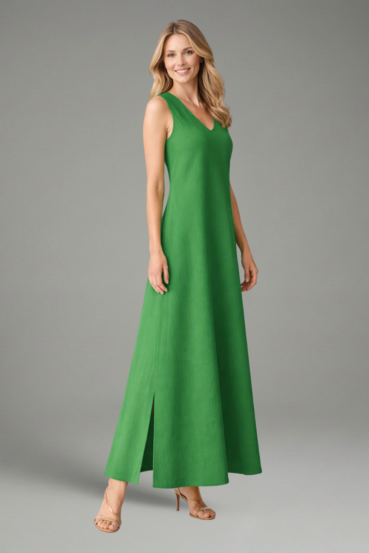 Linen Maxi Dress Wedding Guest - Sleeveless V-Neck Side Slit