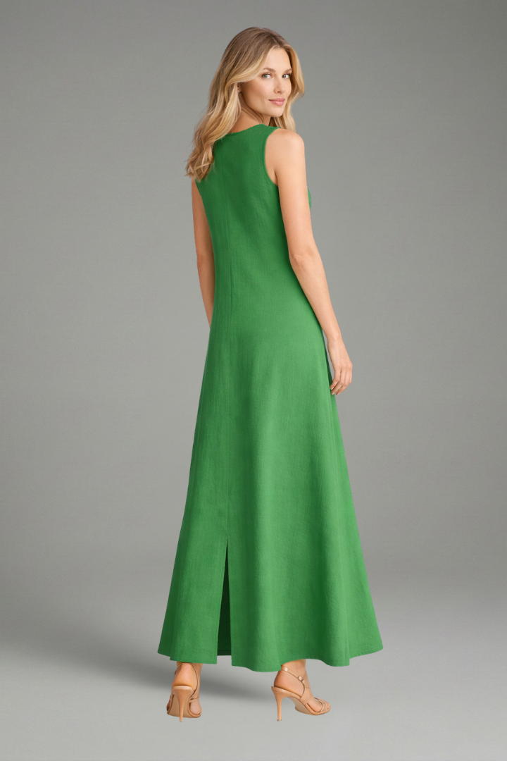 Linen Maxi Dress Wedding Guest - Sleeveless V-Neck Side Slit