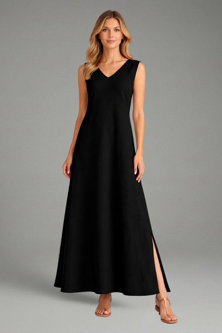Linen Maxi Dress Wedding Guest - Sleeveless V-Neck Side Slit