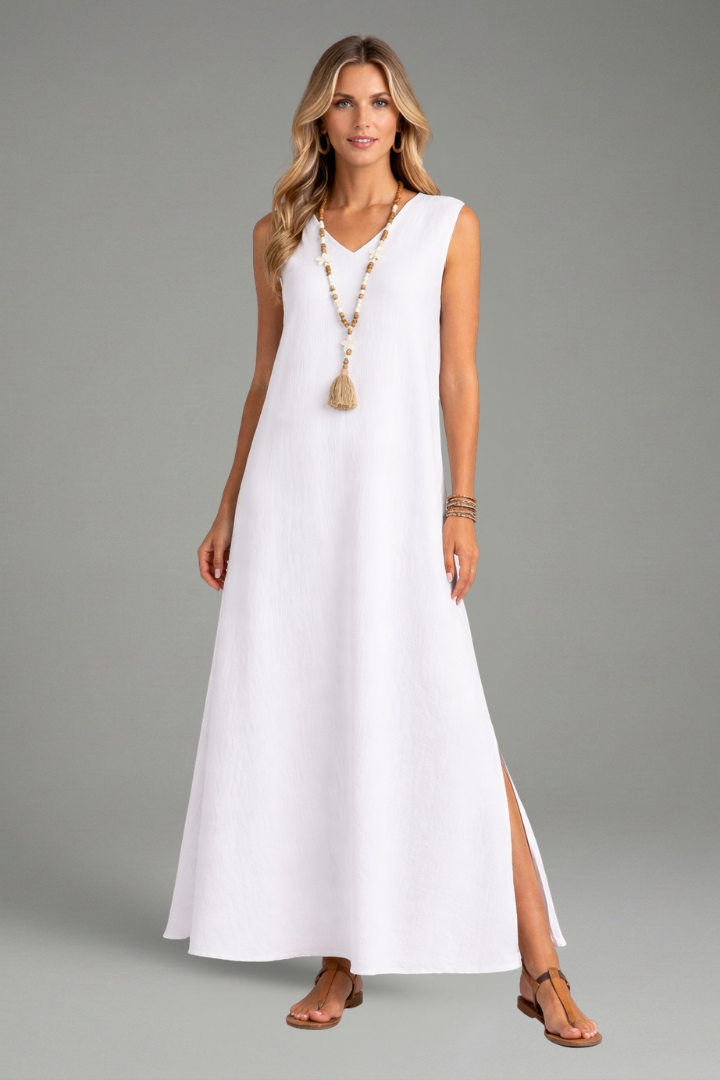 Linen Maxi Dress Wedding Guest - Sleeveless V-Neck Side Slit