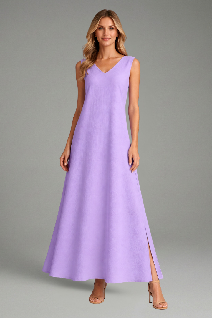 Linen Maxi Dress Wedding Guest - Sleeveless V-Neck Side Slit