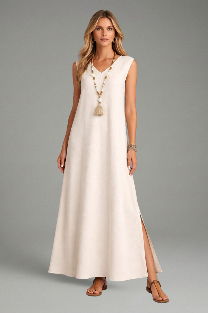 Linen Maxi Dress Wedding Guest - Sleeveless V-Neck Side Slit