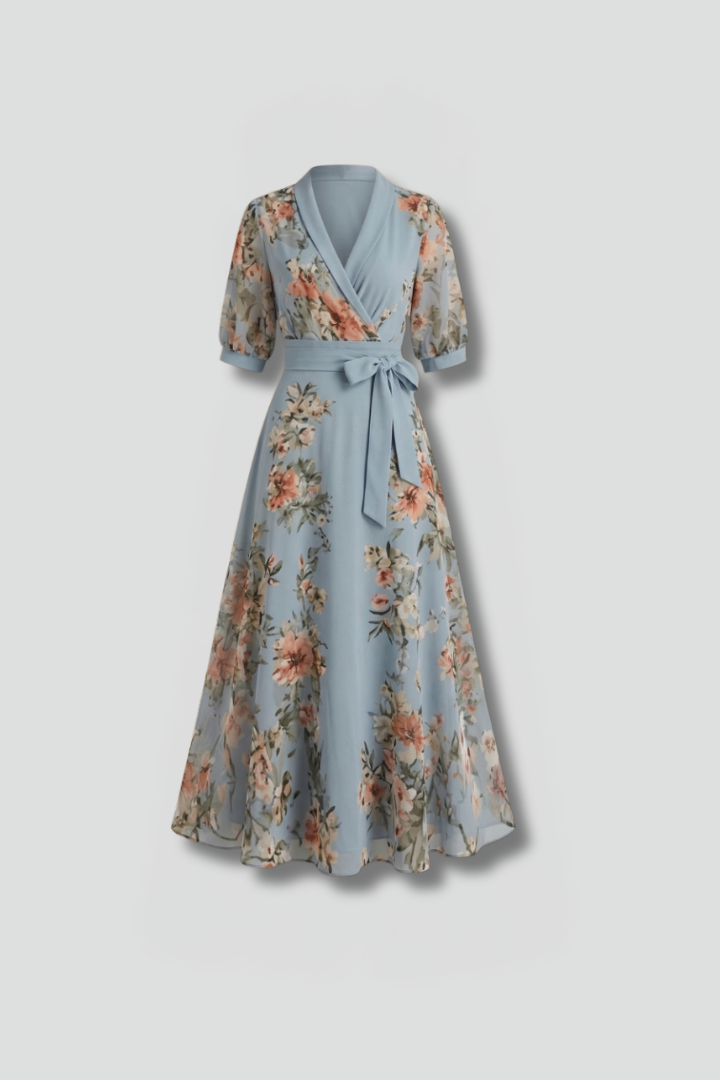 Floral Midi Wrap Dress Wedding Guest - A-Line Puff Sleeve