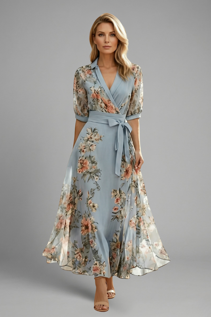Floral Midi Wrap Dress Wedding Guest - A-Line Puff Sleeve