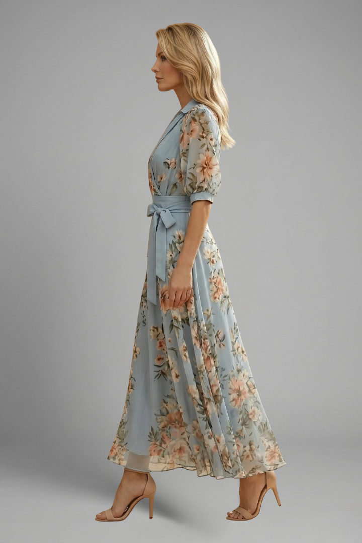 Floral Midi Wrap Dress Wedding Guest - A-Line Puff Sleeve