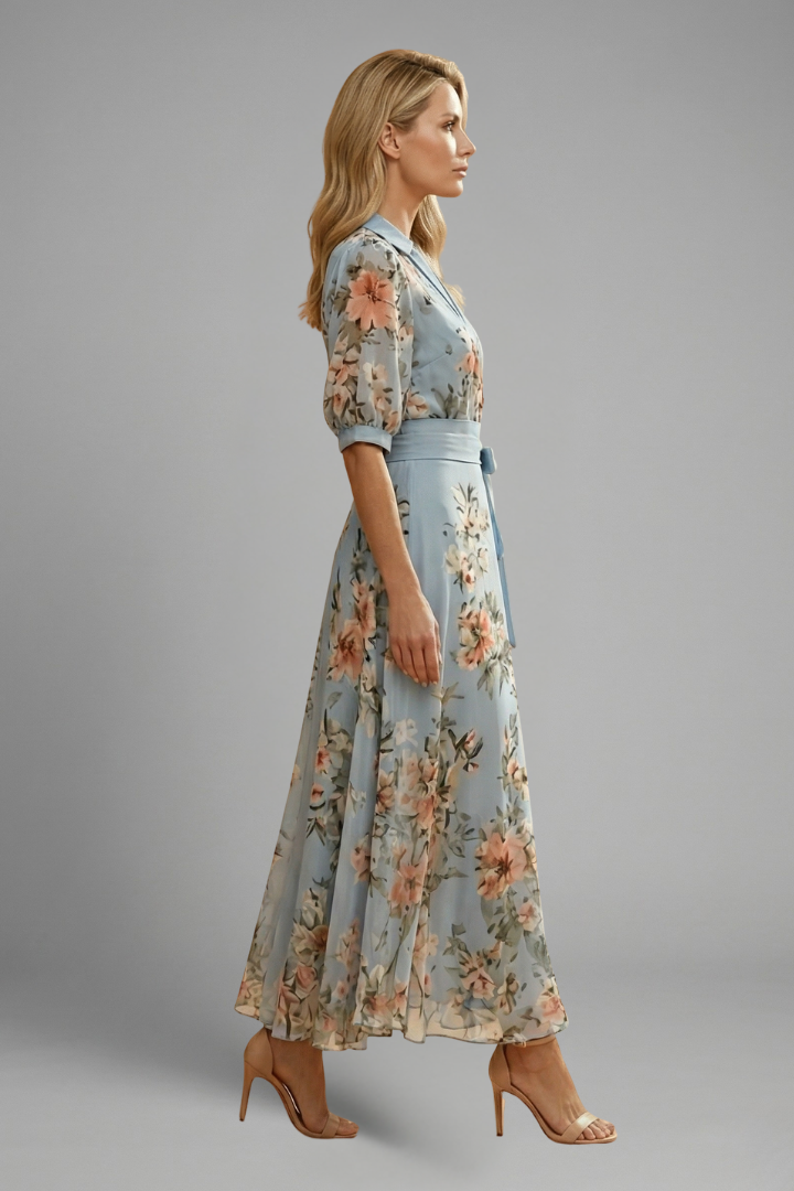 Floral Midi Wrap Dress Wedding Guest - A-Line Puff Sleeve