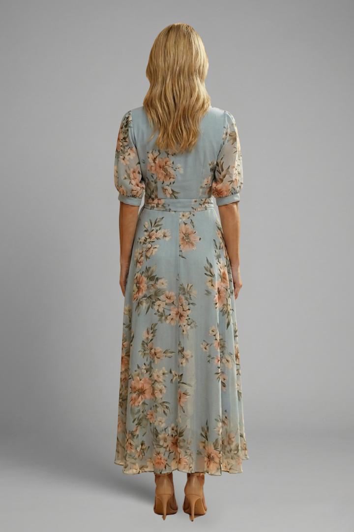 Floral Midi Wrap Dress Wedding Guest - A-Line Puff Sleeve