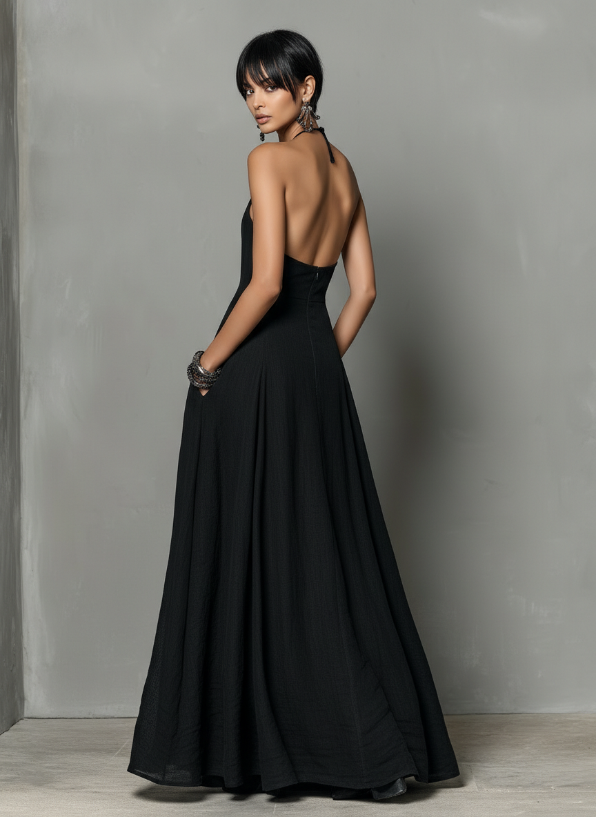 Linen Backless Halter Maxi Dress - Wedding Guest A-Line