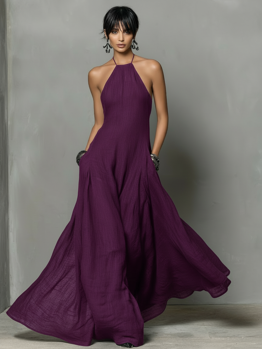 Linen Backless Halter Maxi Dress - Wedding Guest A-Line