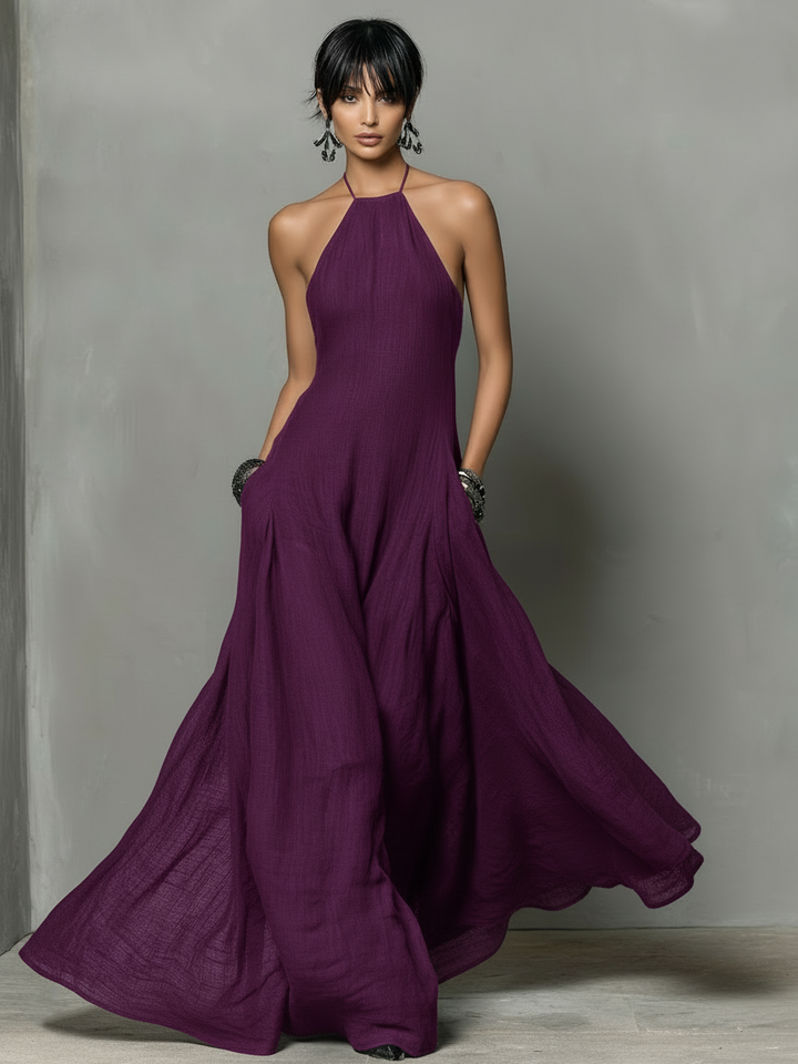 Linen Backless Halter Maxi Dress - Wedding Guest A-Line