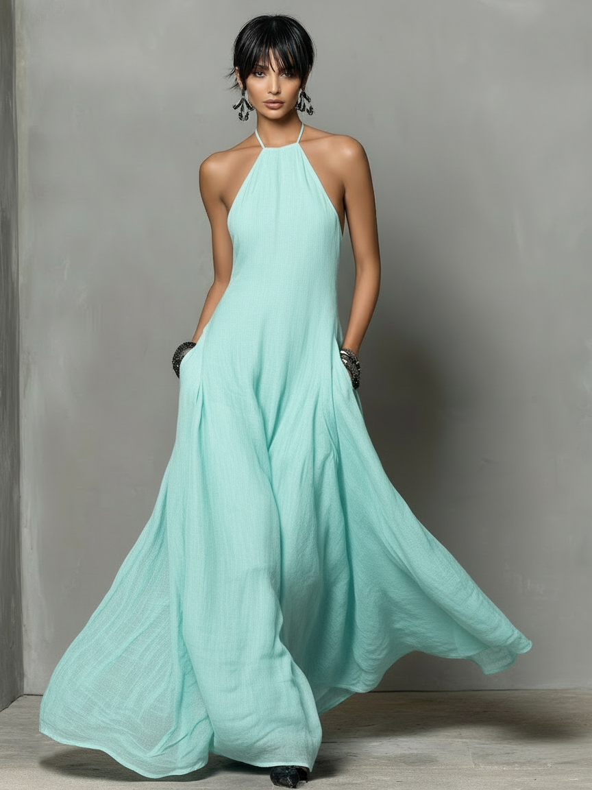 Linen Backless Halter Maxi Dress - Wedding Guest A-Line