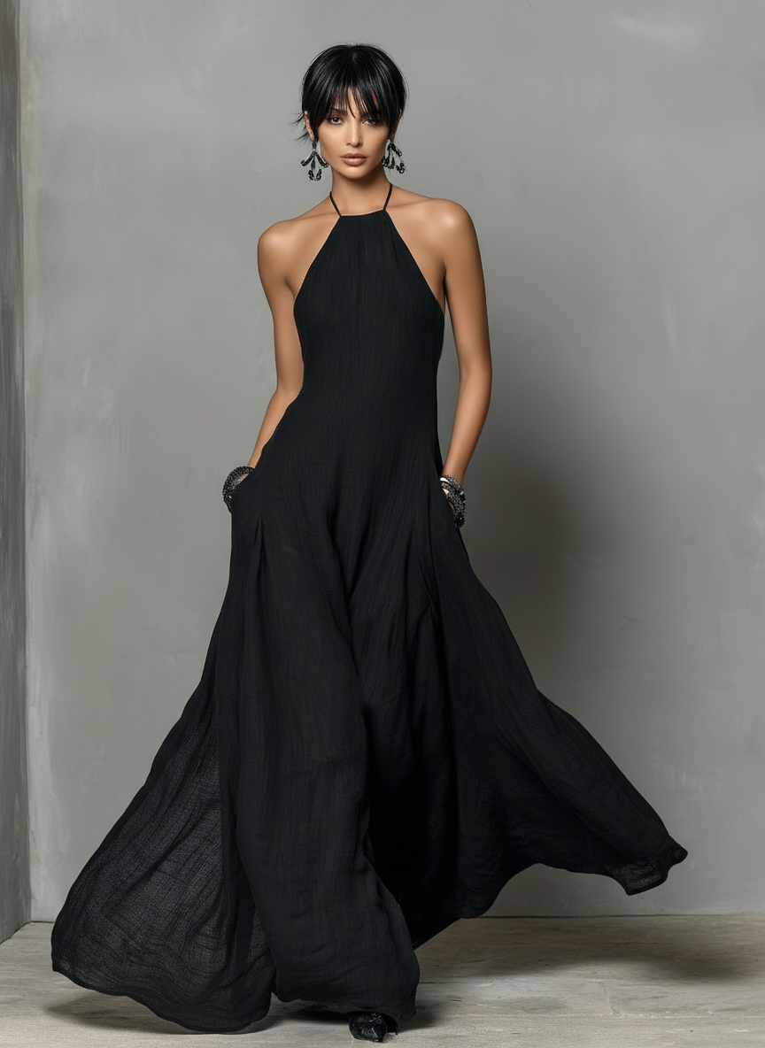 Linen Backless Halter Maxi Dress - Wedding Guest A-Line