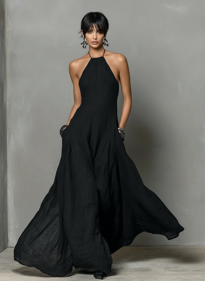 Linen Backless Halter Maxi Dress - Wedding Guest A-Line
