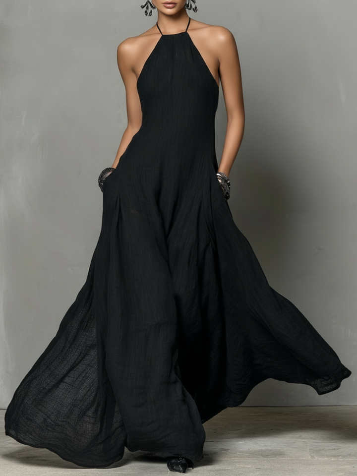 Linen Backless Halter Maxi Dress - Wedding Guest A-Line