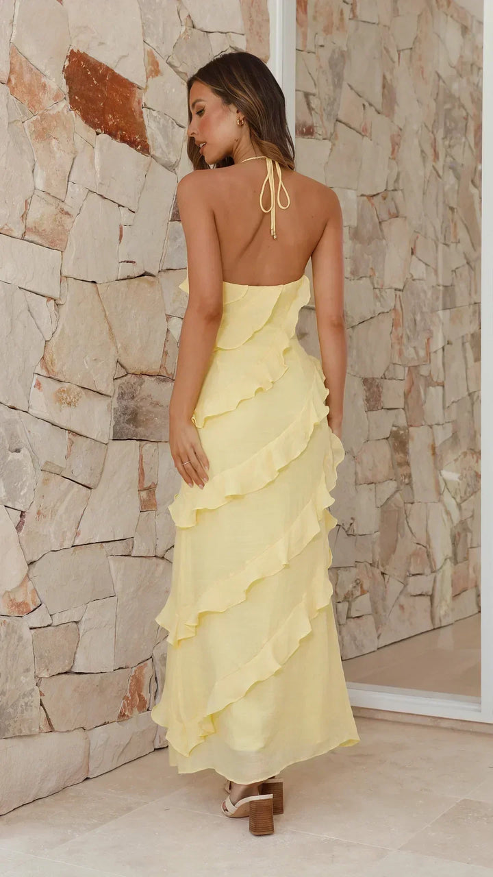 Chiffon Halter Maxi Dress - Tiered Ruffle Wedding Guest