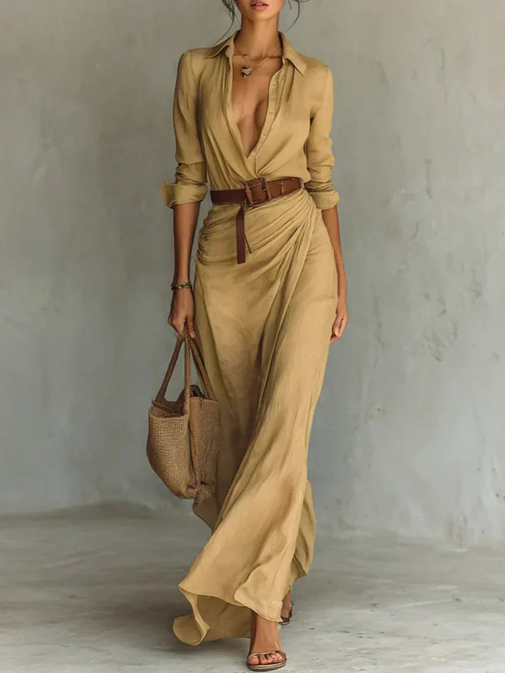 Linen Maxi Dress - Belted Shirt Dress Holiday