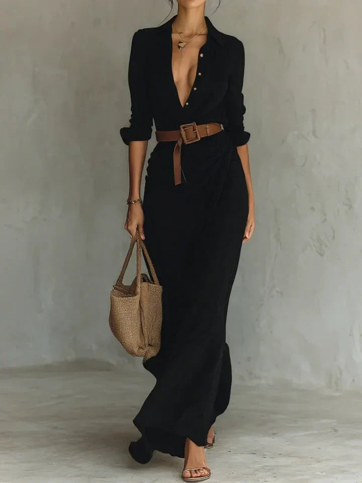 Linen Maxi Dress - Belted Shirt Dress Holiday