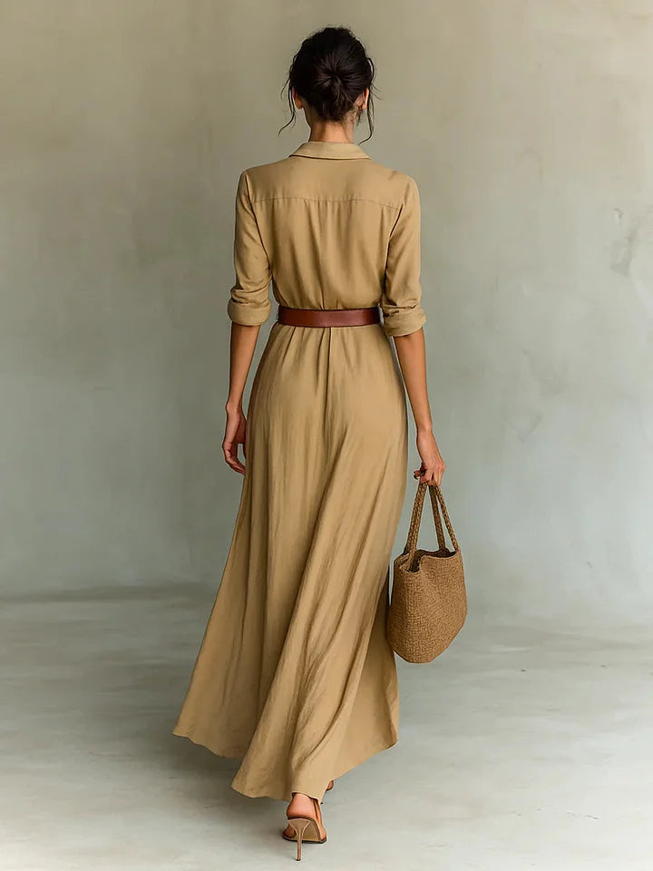 Linen Maxi Dress - Belted Shirt Dress Holiday