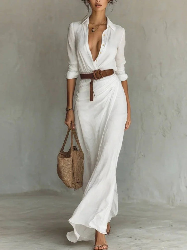 Linen Maxi Dress - Belted Shirt Dress Holiday
